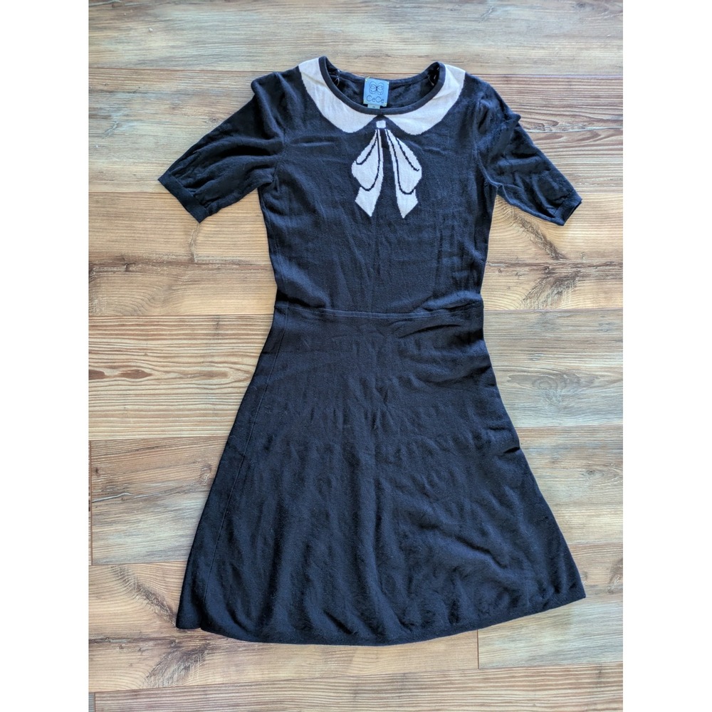 CeCe Black White Tight Knit A-Line Bow Sweater Dress XS